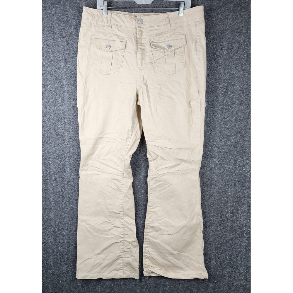 Indigo Fusion Flare Pants Womens 16 Tan High Rise Utility Front Pocket Stretch